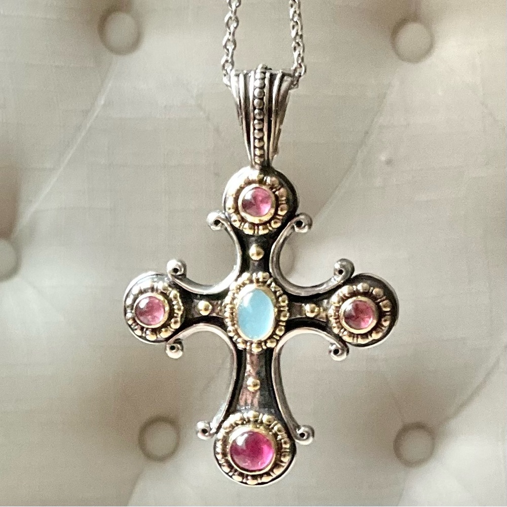 Konstantino Cross Pink Tourmaline and Aquamarine Gems - Picture 3 of 11